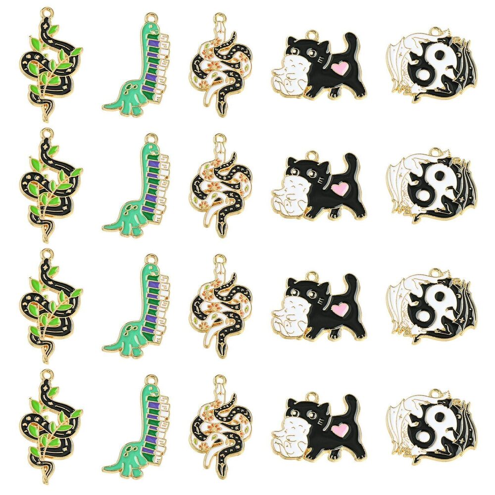 5475 20pcs Mixed Styles Animal Charms - Enamel Dinosaur Cat Snake